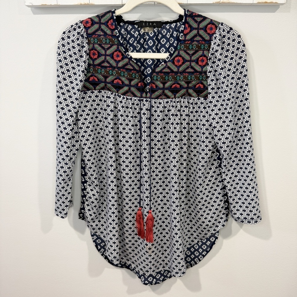 Boho Ezra Embroidered Tassel Blouse Navy White XS